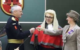 Lt-General Davis was formally sworn in and the Keys to Gibraltar were surrendered to him by Acting Governor Alison Macmillan (Pic Governor Davis accepts the Keys to Gibraltar.(Pic © HM Government of G