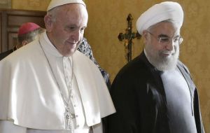 In a private meeting with Pope Francis, the pontiff asked Rouhani to help fight the spread of terrorism and arms trafficking, and to promote peace