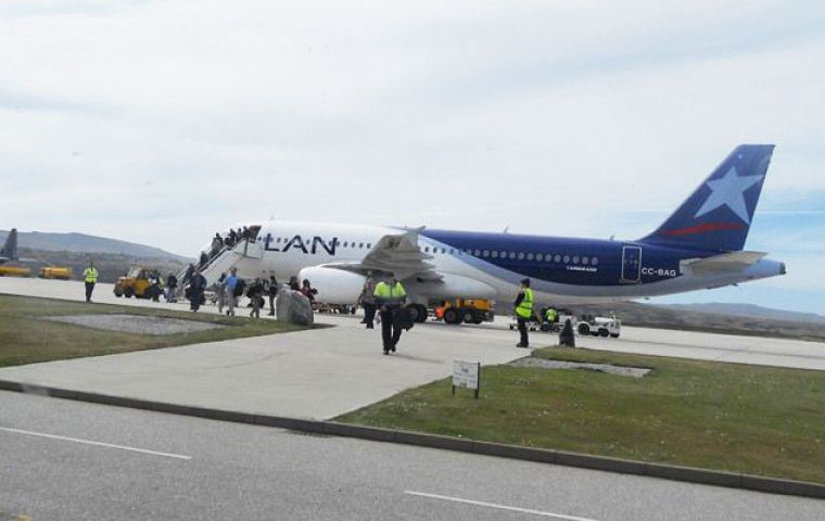 A LAN aircraft, Airbus 320, with 150 seats, makes one return trip to the Faklands a week from Santiago, Chile via Punta Arenas