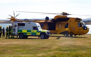The famous yellow Sea King helicopter, which has served the Falklands for over three decades during a recent evacuation 