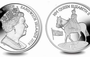 South Georgia & South Sandwich Islands Two Pounds. The Queen is depicted in 1952 on horseback during her first ‘Trooping the Color” ceremony