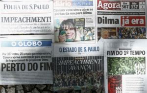 “Impeachment!” was the celebratory front-page headline of Folha de Sao Paulo daily on Monday. “Close to the end,” said another leading newspaper, O Globo