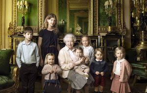 A photograph was also released showing the monarch with young members of the Royal Family: her five great-grandchildren and her two youngest grandchildren.