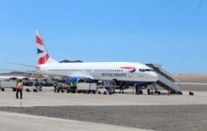 First Comair/BA Boeing 737-800 parked at HLE St Helena Airport
