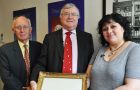 Former Governors David Tatham, Donald Lamont and Museum Director Leona Roberts display the painting - Pic Peter Pepper