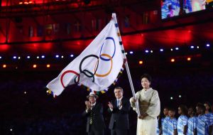 The Olympic flag is handed to Tokyo mayor ceremony to Yuriro Koike by Rio mayor Eduardo Paes