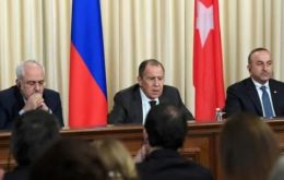 From left to right: Foreign Ministers Mohammad Javad Zarif (Iran), Sergei Lavrov (Russia) and Mevlut Cavusolgu (Turkey) at the summit where the three countries agreed to guarantee that the Syria peace