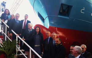 MLA Phyllis Rendell and CFL chair Tom Blake underlined the vessel was entirely financed with Falklands' funds (Pic Europa Press)