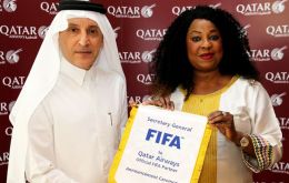 Qatar Airways Group Chief Executive, Akbar Al Baker and FIFA Secretary General, Fatma Samoura at the official signing ceremony of the new sponsorship 