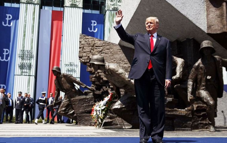 Trump spoke before a cheering, flag-waving crowd of 10,000 people at historic Krasinski Square in central Warsaw
