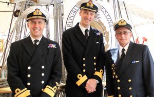(L_R) Rear Admiral Keith Blount OBE – Assistant Chief of the Naval Staff (Aviation, Amphibious Capability & Carriers), Commodore Peter Sparkes Royal Navy – Commander of the Portsmouth Flotilla, and Ca