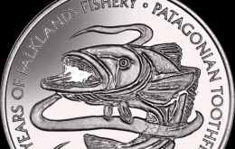 The coins are produced by the Pobjoy Mint, on behalf of the Falklands Treasury. The reverse design features the Patagonian toothfish in an eddy of water.