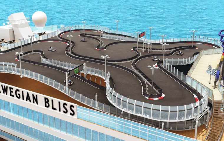 The 4,000-guest Norwegian Bliss will boast the largest competitive race track at sea. It will also feature multiple water slides and an open-air laser tag course.