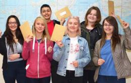 Some happy GCSE students on Thursday: Sabrina Camblor, Darby Newman, Dwight Joshua, Jess Whalley King, Kattrice Berntsen and Rebecca Goss