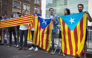 Many demonstrators wrapped themselves in the “estelada” flag, which has become a symbol of those in favor of an independent Catalan republic
