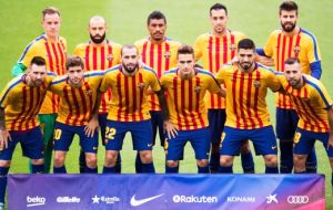 Barcelona's players emerged at Nou Camp wearing a yellow-and-red-striped club training shirt, colors of the Estelada flag associated with Catalan independence.