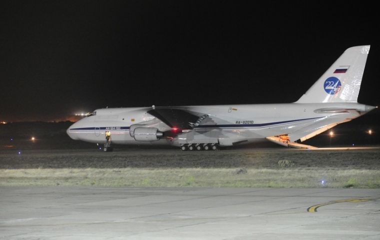 The huge Antonov-124 Ruslan airlifter lands in Argentina with the Pantera Plus remote-control unmanned deep-sea descent vehicle, and support team