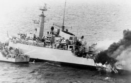 Sister HMS Ardent sank in Grantham Sound after being hit by a succession of bombs on May 21, 1982.