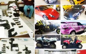 The raid of the Uruguayan police found over US$ 500.000 cash, guns and a fleet of top model cars, including Ferrari, Porsche, Mercedes Benz, Camaro. 