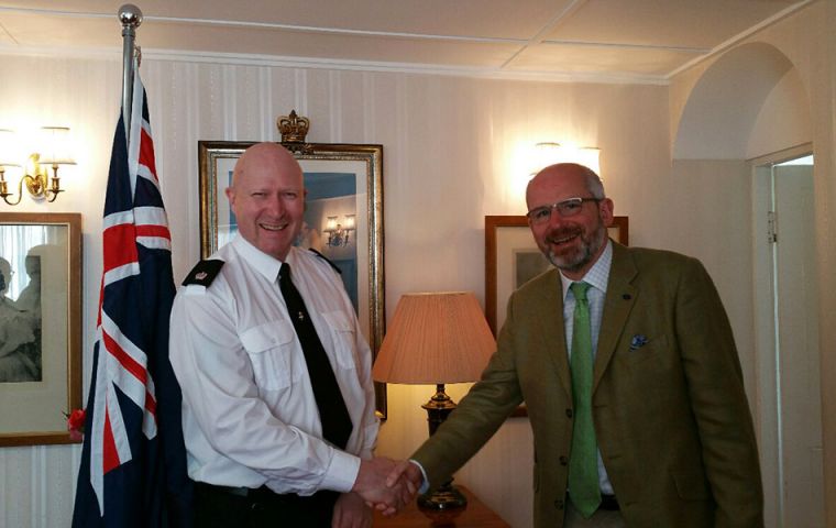  Speaking of his appointment, Mr. McMahon said: “I’m pleased to take up this post and continue to play my part in the security and safety of the Falkland Islands”. In the photo with   Governor Mr Nige