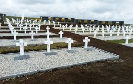 The Argentine Memorial at Darwin with the rows of graves, with their white cross and black granite plaques. Pic CICR