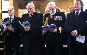 Major General Julian Thompson, Admiral Sir James Perowne, Surgeon Vice Admiral Alasdair Walker and Argentinian ambassador R:C.Sersale di Cerisamo attending the funeral service (Pic PA)