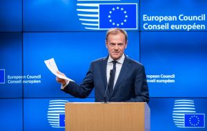 Tusk offered a robust defense of the draft, which the EU says is a “backstop” for avoiding a “hard border” that might disrupt peace in Ireland