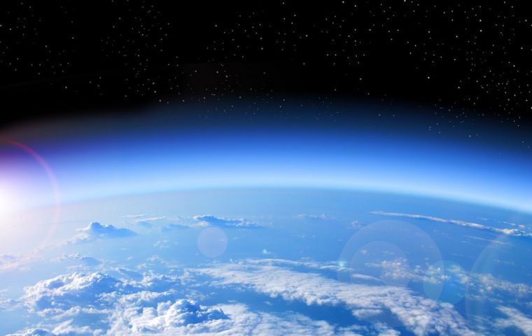 The ozone layer in the stratosphere, 10-to-40 kilometers above Earth's surface, protects life on the planet from deadly ultraviolet radiation.