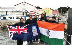 INSV Tarini and its six women crew during their call in the Falkland Islands, where they spent time before taking off for South Africa 