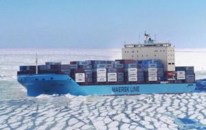 The Venta Maersk, designed as a new “ice-class” container ship, will carry frozen fish and other refrigerated and general cargo