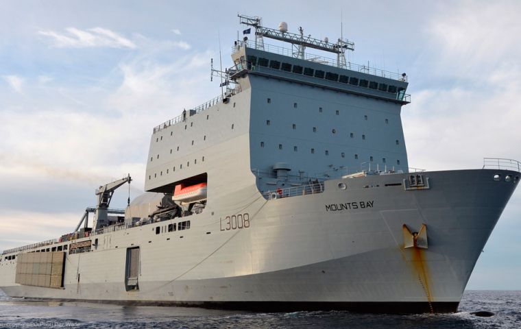 As well as being able to carry vital aid and equipment, RFA Mounts Bay will use the Royal Navy Wildcat helicopter on board to provide aerial support
