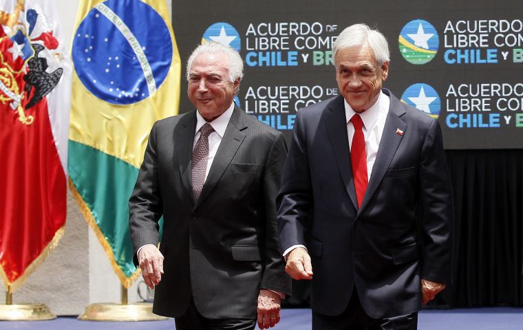 Brazil President Michel Temer traveled to Santiago to sign the deal with his counterpart, Chilean President Sebastian Pinera
