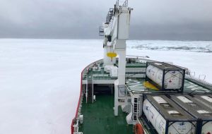 The bow of the pushing S. A. Agulhas II up against the ice shelf