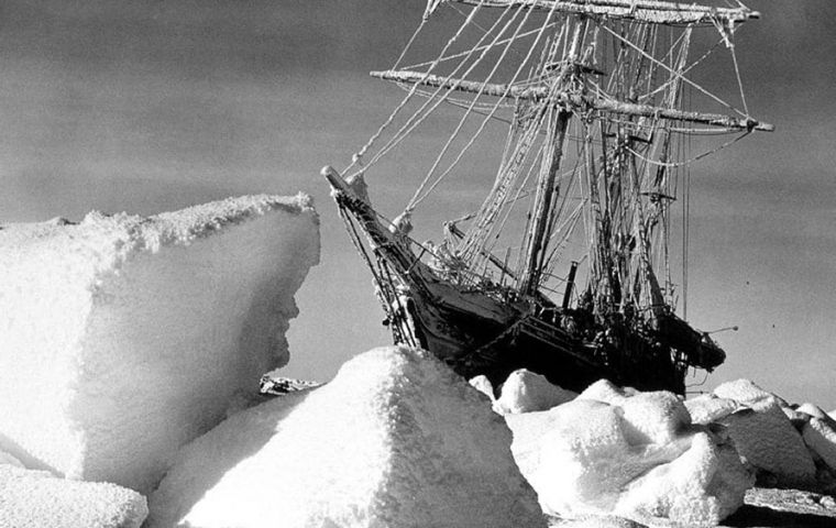The Endurance encased in ice. In the end she was crushed and her stern rose twenty feet into the air, paused momentarily and then in one gulp was gone.