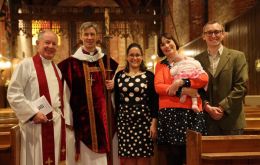 The Revd Ian Faulds, Bishop Tim Thornton, Denise Blake, Antonia and Stirling Harcus with Orlaith. Denise, Antonia and Stirling were confirmed at Stanley's Christ Church Cathedral. Photo Credit: Christ