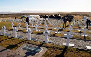 A view of the Argentine military cemetery at Darwin with all the tents and logistics set up by the Falklands government and British Forces. Pic: Infobae