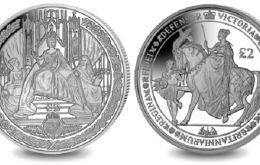 The two-coin set consists of images from the Great Seals of Queen Victoria. The first coin shows the reverse of the Great Seal of Queen Victoria