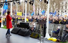Speaking from a stage in Parliament Square, Ms Sturgeon said: “the voice of the 48% who voted remains across the UK is being ignored” (Pic N.Sturgeon Twitter)