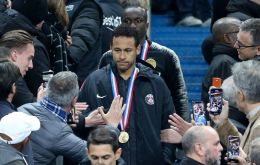 As the PSG squad walked up to receive their runners-up medals, Neymar initially pushed a supporter's hand away as he tried to record him on his mobile phone