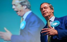Ex UK Independence Party leader Farage became the latest political figure on Monday to be doused with a milkshake while campaigning for his new Brexit Party