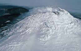 An aerial photo of the Mount Michael volcano. (Pete Bucktrout, British Antarctic Survey)