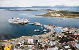 The port of Ushuaia on a busy day with several cruise vessels 