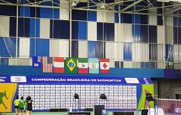 The Falklands flag hangs next to those of the other Badminton Pan Am Cup in Salvador, Brazil 