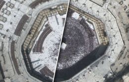 One image shows a handful of pilgrims circling the granite Kaaba at Mecca's Grand Mosque, a sacred site usually thronged with worshippers: before and after