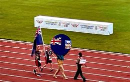 The Falklands representation parading at the opening ceremony in Hasely Crawford Stadium in Trinidad