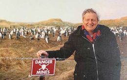 Briley beside a minefield in the Falklands