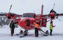 Twin Otter “Ice Cold Katy” is prepared on the skiway at Rothera (Matt Hughes)