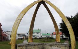 The Whalebone Arch in Stanley City, adjacent to the cathedral, the southernmost Anglican cathedral in the world, a must for visitors to enjoy and picture a souvenir 