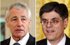 Next Treasury Secretary Lew (R) has fans among Republicans but Hagel (L) arrives at the Pentagon quite bruised