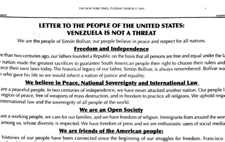 Venezuela Condemns US tyrannical Attempts In New York Times Full Page 